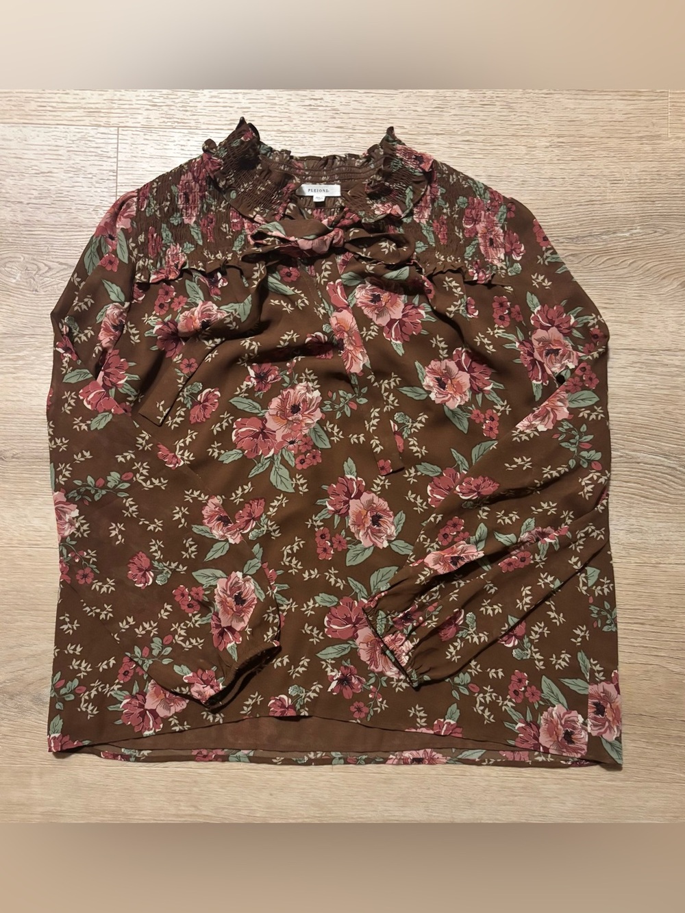 Pleione Brown Floral Ruffle Tie Neck Blouse